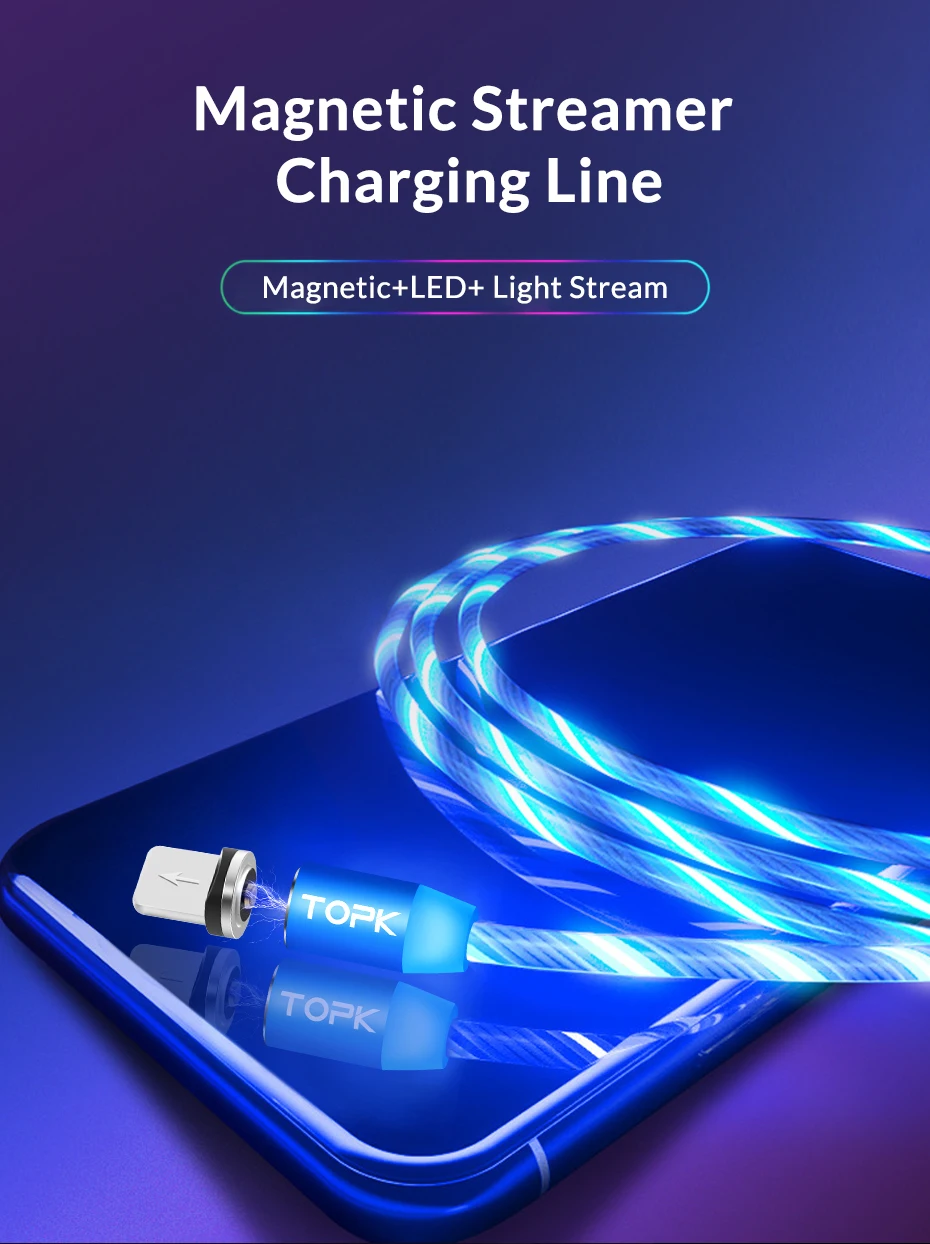 TOPK AM67 1M 3 In 1 Luminous LED Flowing Magnetic Phone Charging Cable For IOS Android Type C - ANKUX.COM