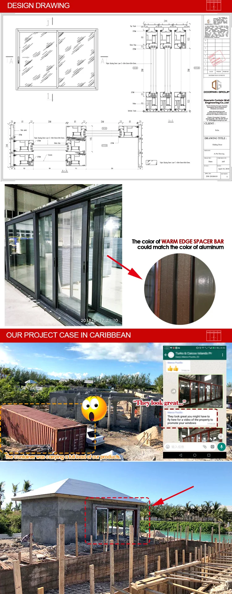 Aluminum double tempered glass three panels sliding stacking door