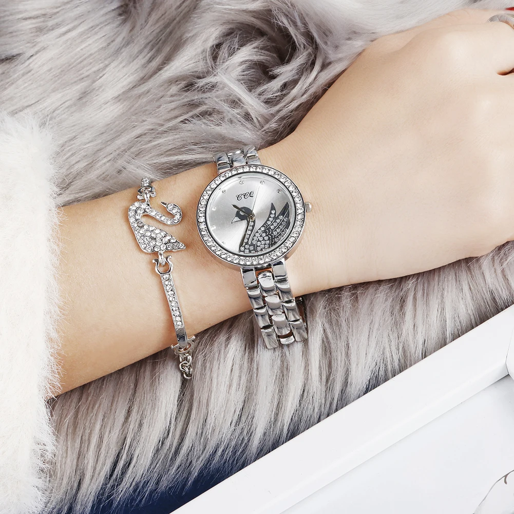2 PCS Jewelry Set Steel Watch Ladies Quartz Crystal Dial Swan Watches Stylish TW468