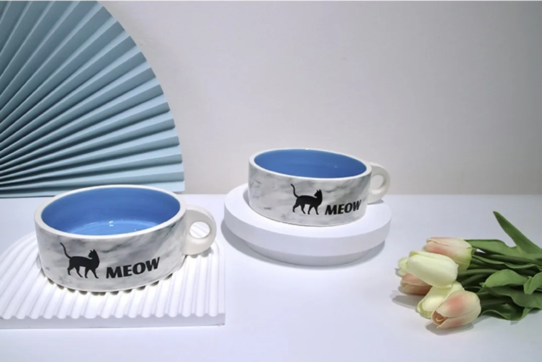 New Design Ceramic Large Diameter Anti-Knock Fashion Eco Friendly Cat Rice Bowl Pet Dog Ceramic Food Water Food Bowl With Handle