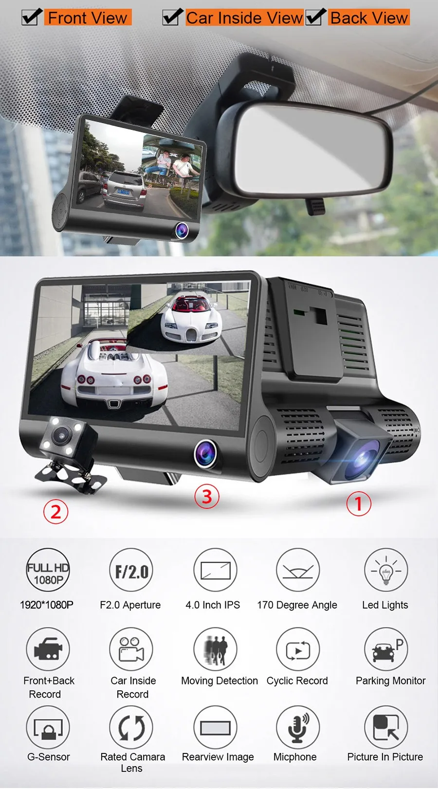 Dashcam 4" Fhd 1080p Car Dash Cam Loop Recording Motion Detection