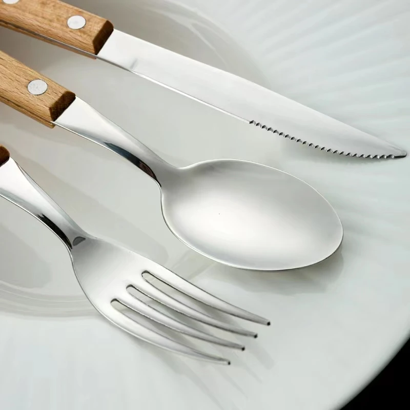 Luxury Korean Woden Cutlery Set Knife Fork Spoon Set Wooden Handle Stainless Steel Bulk Cutlery