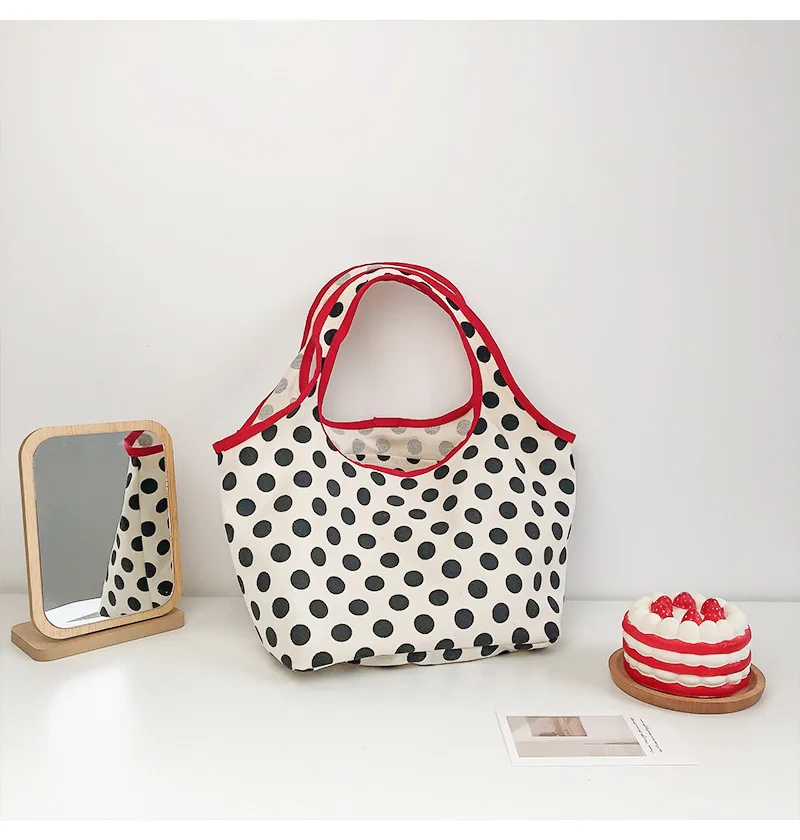 2024 Japanese Style Canvas Shopping Bag Fashionable Dot Casual Shoulder Handbag Outdoor Canvas Shopping Bag