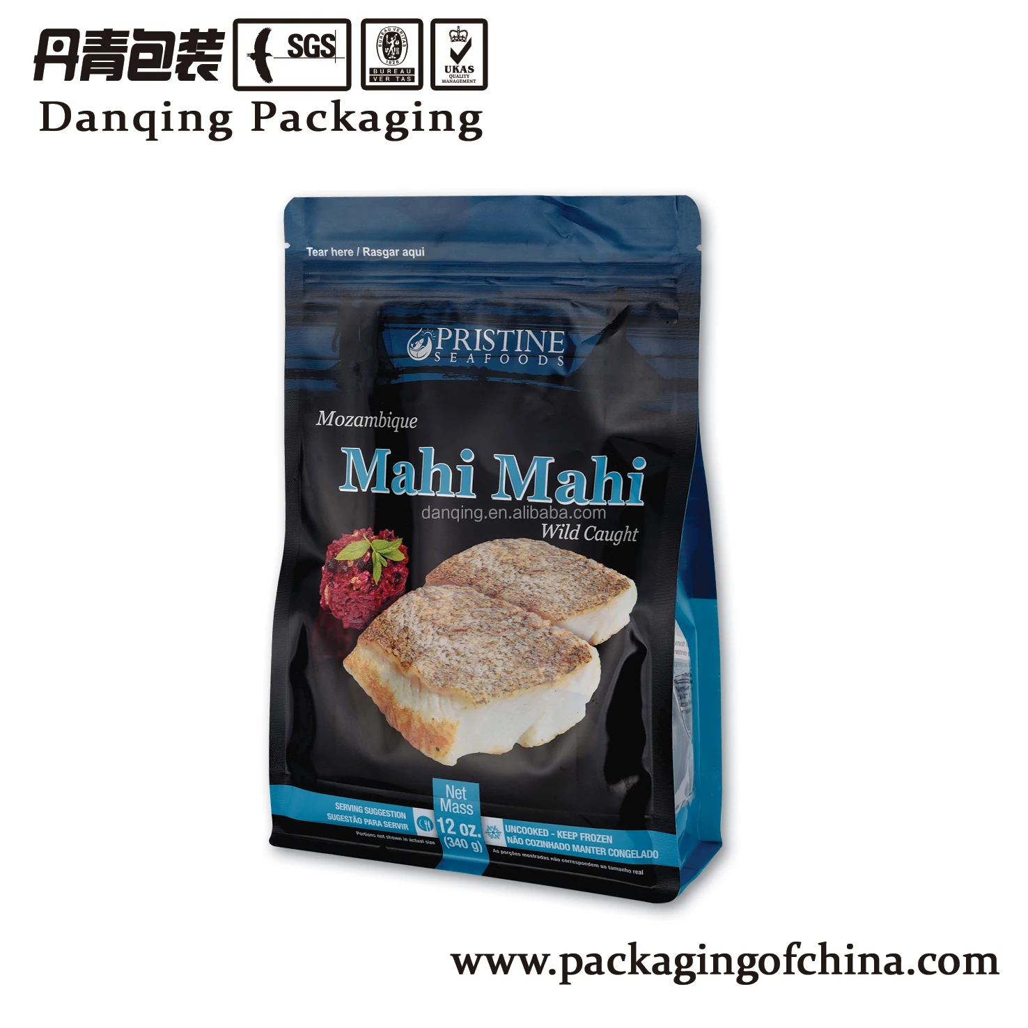 DQ PACK Food Grade Sea Food Quad Seal Bag With Top Zipper Flat Bottom Bag