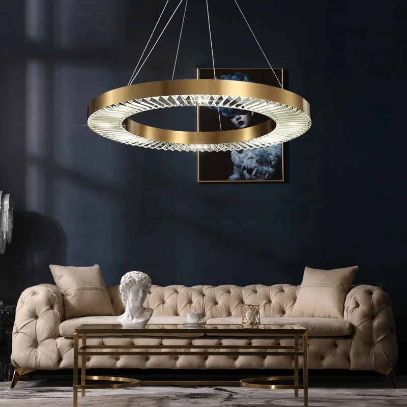 modern ceiling decorative chandelier lighting height adjustable customization pendant light round circle k9 crystal pendant lamp