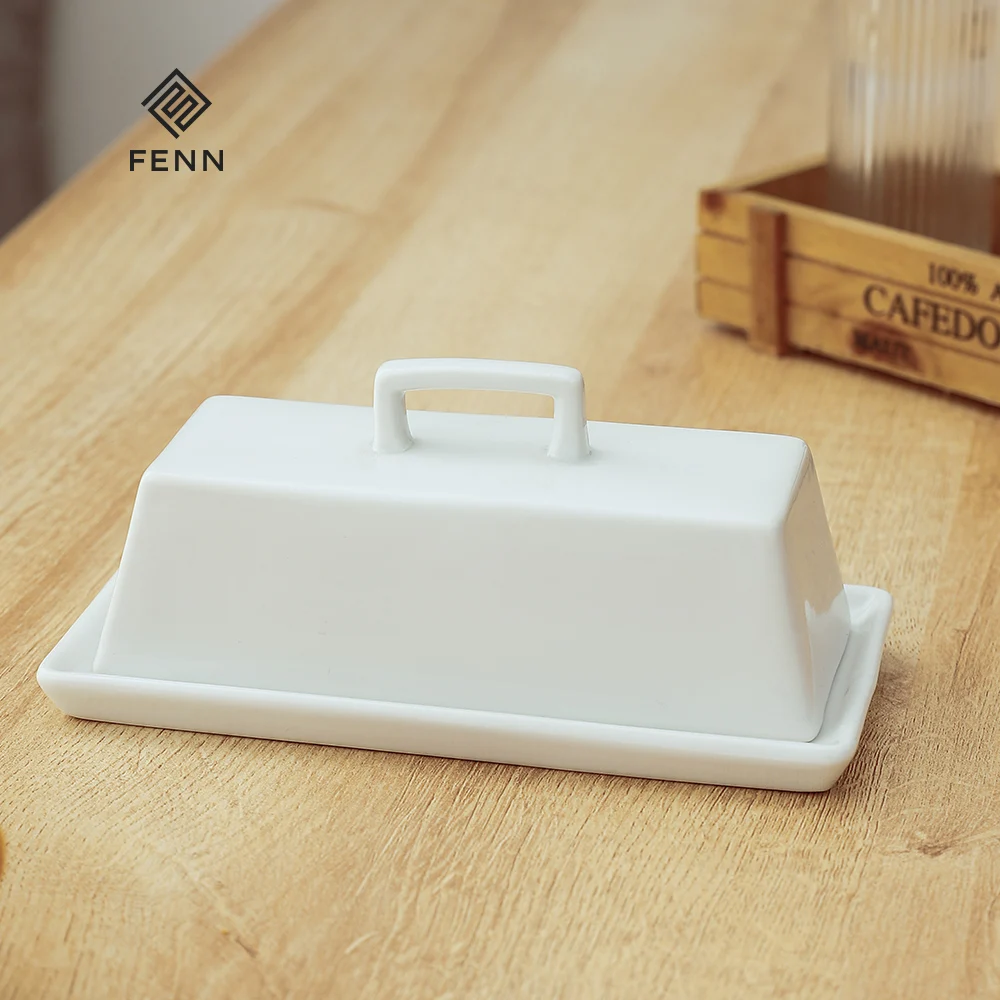 product fenn popular modern rectangle shape white color butter sugar flour dish container custom ceramic butter dish modern with lid641-59