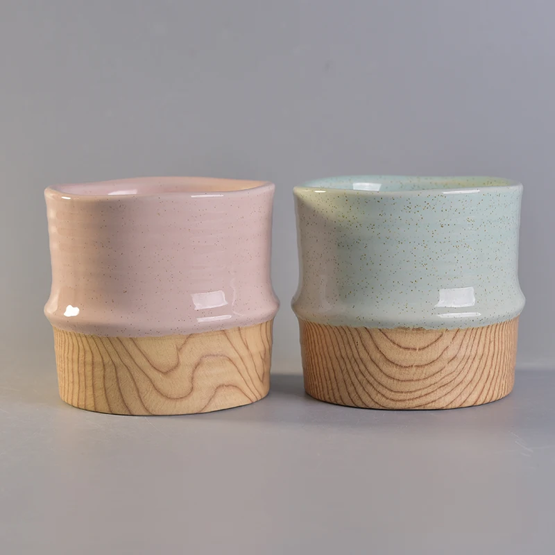 Antique ceramic votive candle container customized candle vessel with wooden base home decoration use supplier