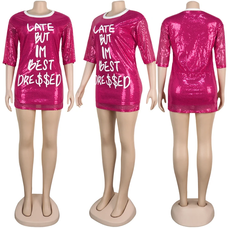 12326NA new style women long sleeve round neck print letter sexy mini clubwear sequin dress Sequin Lady Sexy Dress