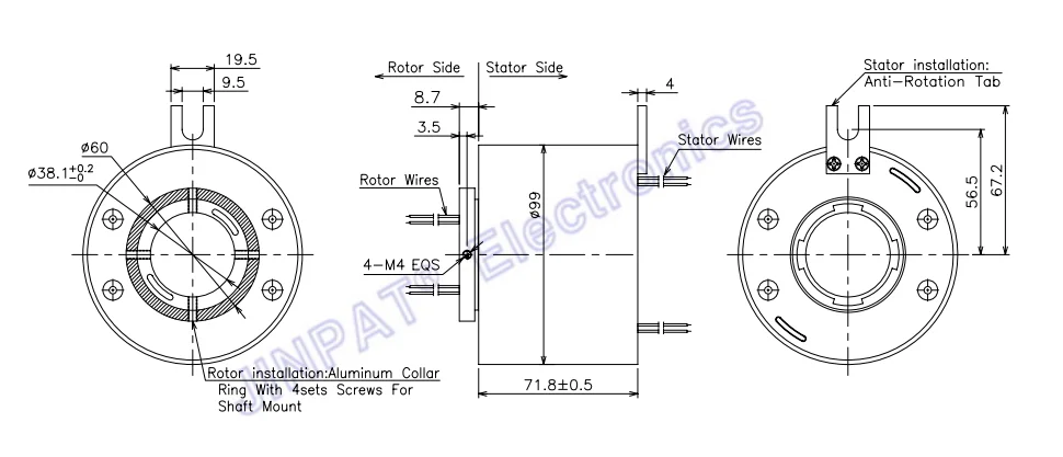 2-1000 Amps Rotary Joint Slip Ring 10 A Per Wire Precision Ball Bearings