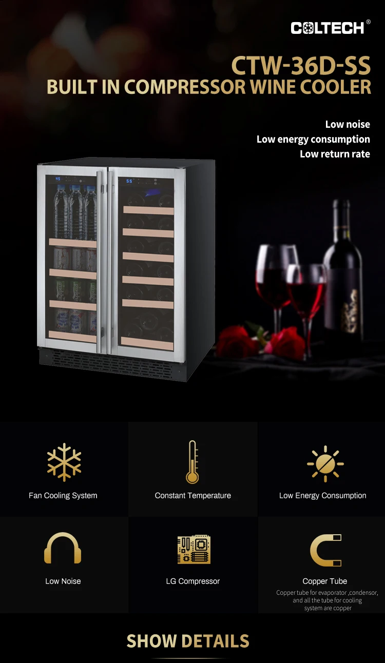 36Bottle Dual Zone lg compressor wooden sliding ball bearing Wine Refrigerator fridge