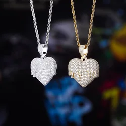 Amazon Hot Sale Hip Hop Rock Jewelry heart Pendant Necklace With Tennis Chain Cuban chain Gold Silver Iced Out Cubic Zirconia