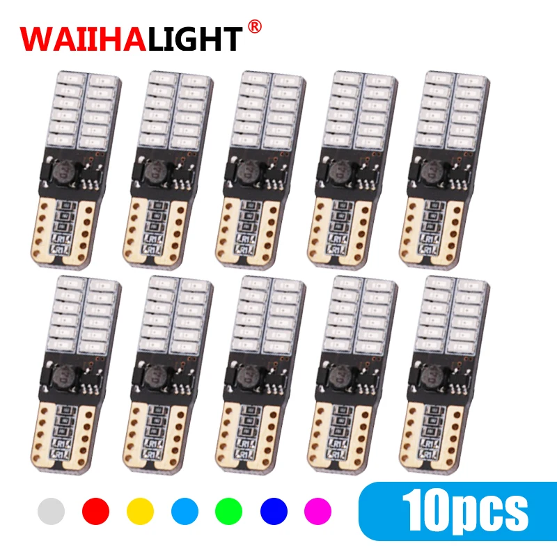 10pcs T10 Led Auto Lamp Car W5W LED CANBUS 4014 24smd 6000K Light Error Free License Plate Light Bulbs White Red Blue Green