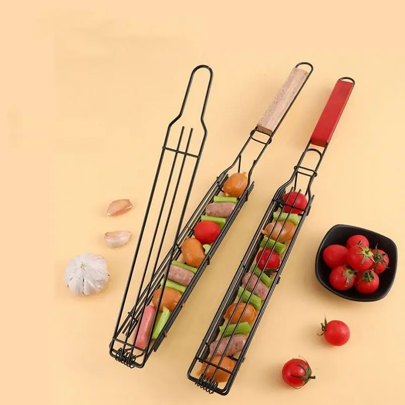 Outdoor Home Grill Stainless Steel BBQ Utensils Wood Handle Heat Resistant Non-Stick Skewers Vegetable Splint Cage Metal Tools supplier
