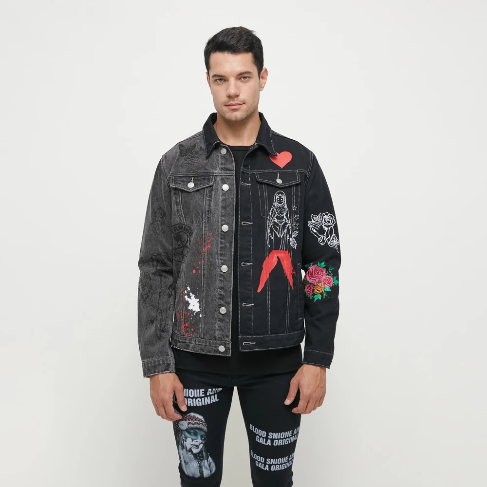 DiZNEW OEM/ODM Plus Size Jackets Custom Logo Printed Washed Faded Cotton Contrast Color Joint Denim Jeans Jacket supplier