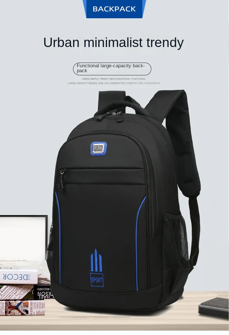 Men's Nylon Oxford Cloth Backpack Large Capacity Casual Travel Bag Polyester Lining Waterproof for Students Simple Everyday Use