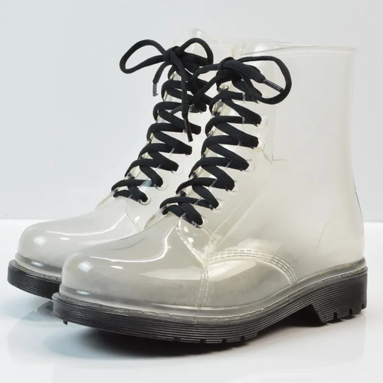 Womens Transparent Waterproof Rain Boots Lace-up Round Toe Martin Rain Shoes 