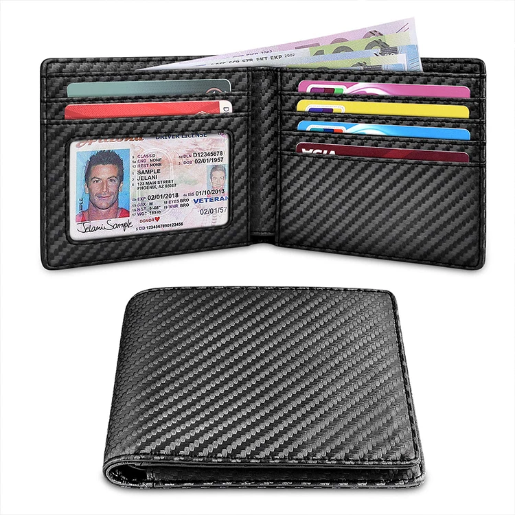 Custom Bifold Black Carbon Fiber Rfid Blocking Leather Slim Minimalist ...