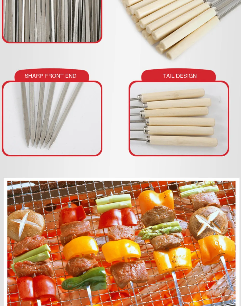 10 Pcs/set Stainless Steel Barbecue Skewers 34cm Wooden Handle Bbq Flat Prods Outdoor Party