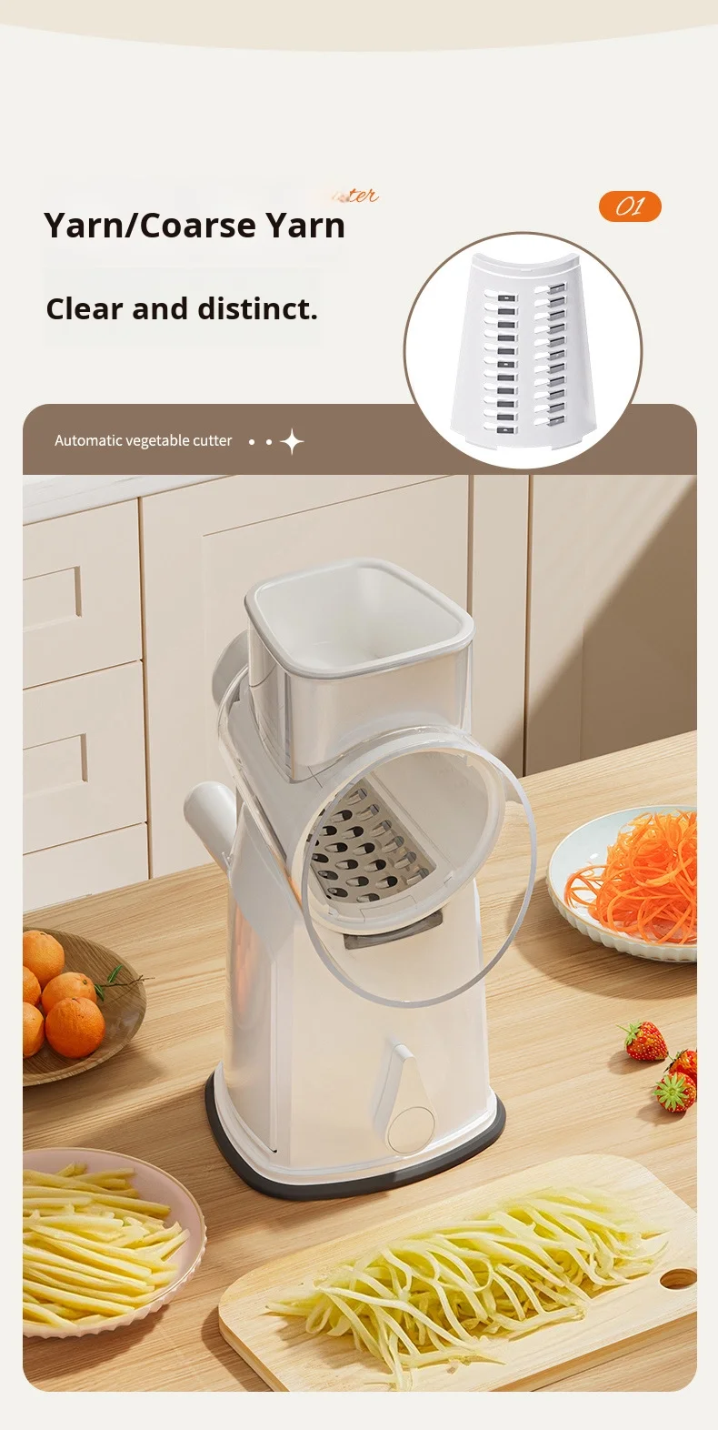 Multifunctional PP Drum Vegetable Slicer Hand-Cranked Fruit/Vegetable Tool with Multiple Blade Heads Safe Usage