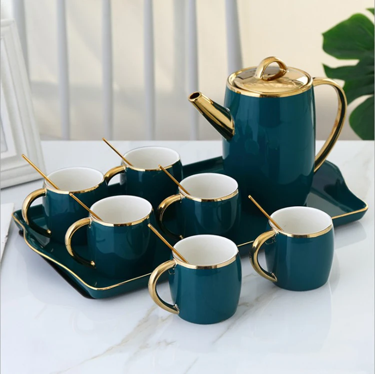 New Arrival Green Gold Rim 8pcs With Six Cups And Tray Ceramic Tea Sets With Teapot For Gift