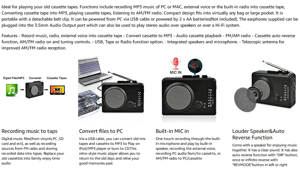 Cassette to MP3 Converter Amdsoc Tape Cassette Player with External Speaker Compatible Laptops and Personal Computers 