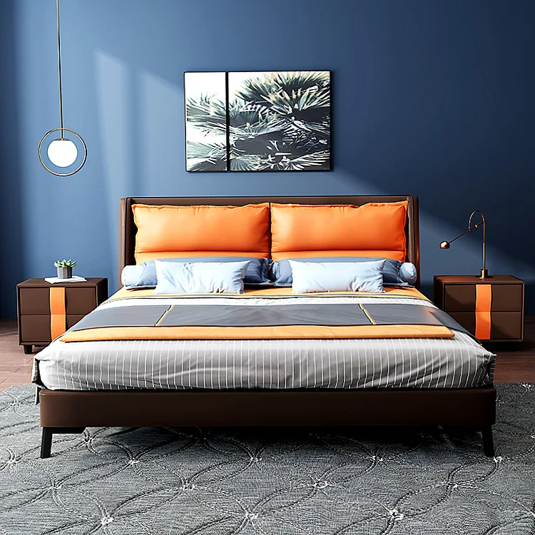 Modern Luxury Bedroom Furniture Upholstered Real Leather Italian Bed