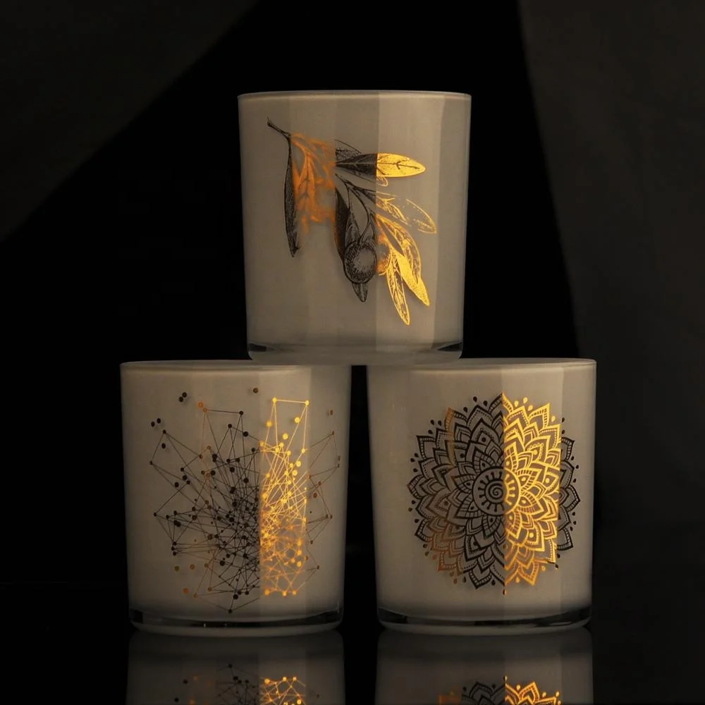 Cylinder White Glass Candle Jars With Gold Decoration