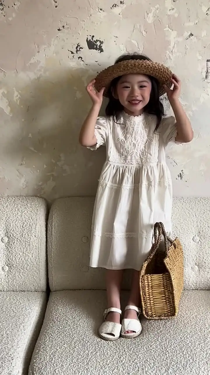 2024 New Fashion Summer Baby Girl Puff Dress Kids Girls 100% Cotton Lace  Puff Sleeve Dress for 1-6 Years