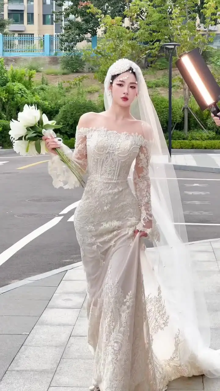 chinese dress ladies Crepe Mermaid Wedding Dress with Deep V-Neck and Lace Sleeves – ML126 –  Viniodress main image 0