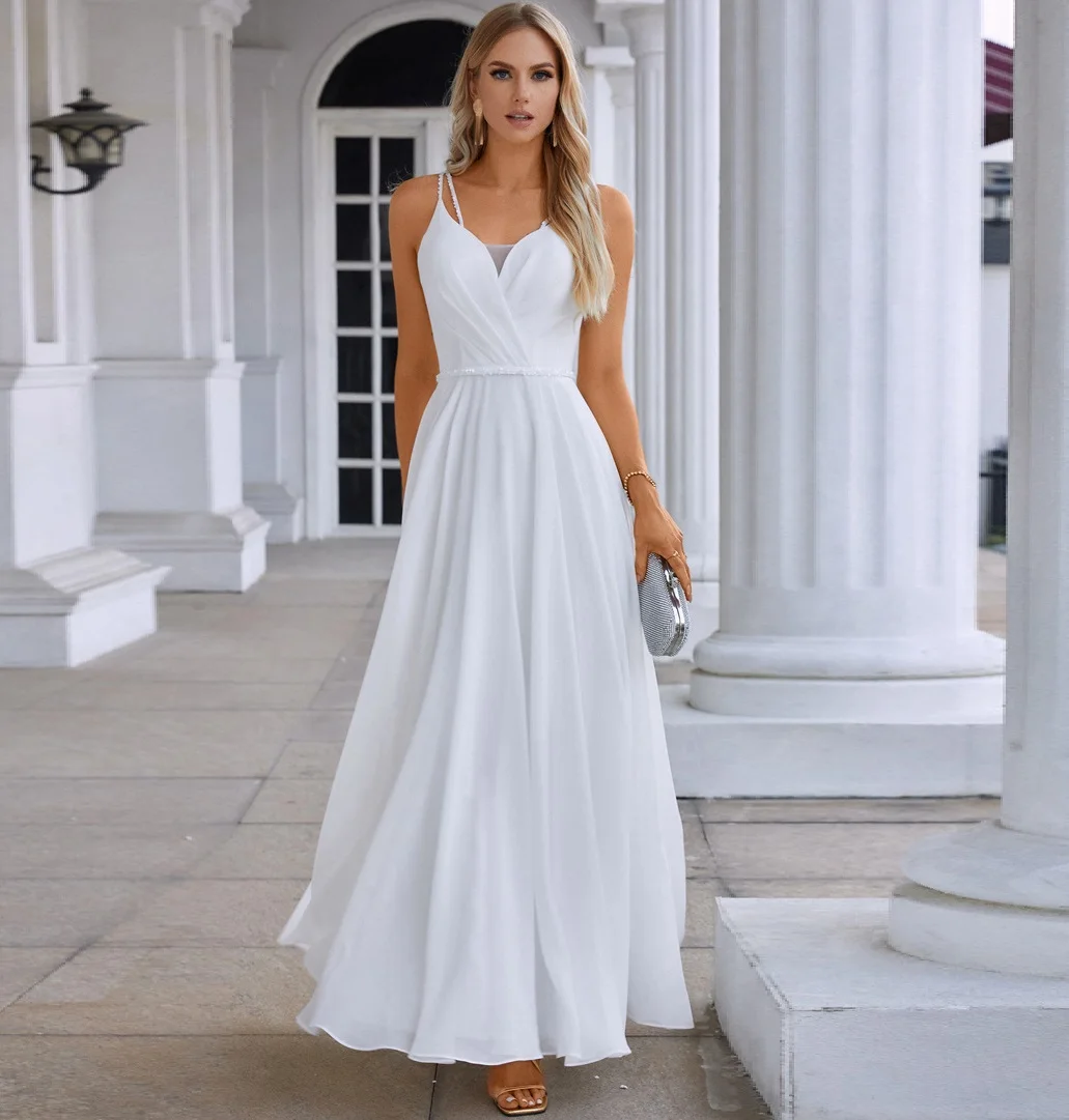 Wholesale White Chiffon Long Prom Dresses Wedding Party Wear Dress 2024 Wholesale White Chiffon Long Prom Dresses Wedding Party Wear Dress 2024
