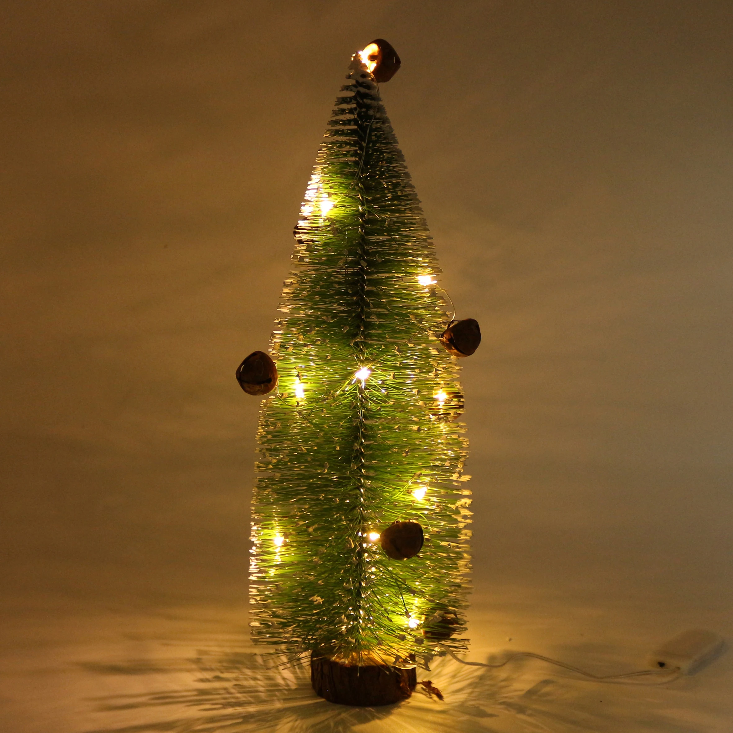 Tabletop Mini Artificial Christmas Tree with Rusty Bells and Warm White LED Lights for Christmas and Holiday Decor