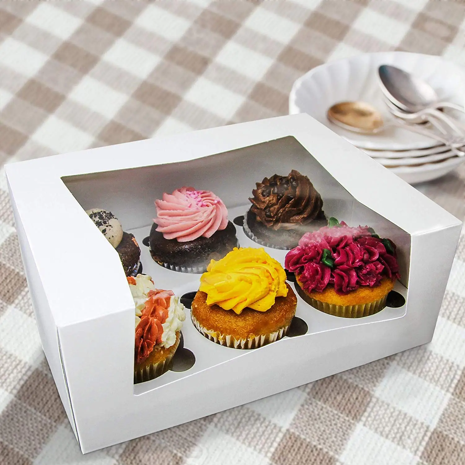 9x7x3 5inches White Cupcake Box With Window And Inserts Holds 6 Muffins Auto Popup Cardboard Bakery Container Buy White Cupcake Box With Window Box With Window And Inserts Cardboard Bakery Container Product On Alibaba Com