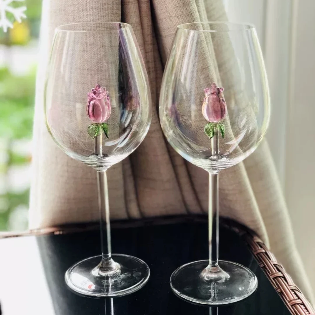 New Design Inserted Long Stem Wine Crystal Glass Goblet With Pink Rose