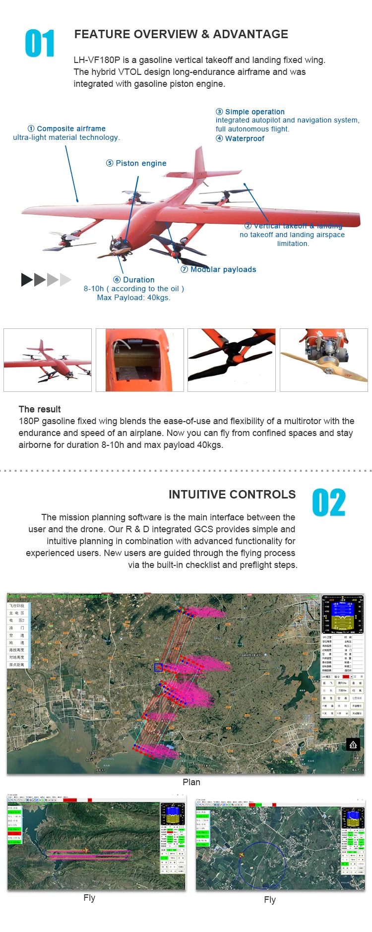 Long Range Fixed Wing Hybrid Drone Professional Remote Plane Hybrid Gasoline Fixed Wing Power Uav For Sale Propeller Plane