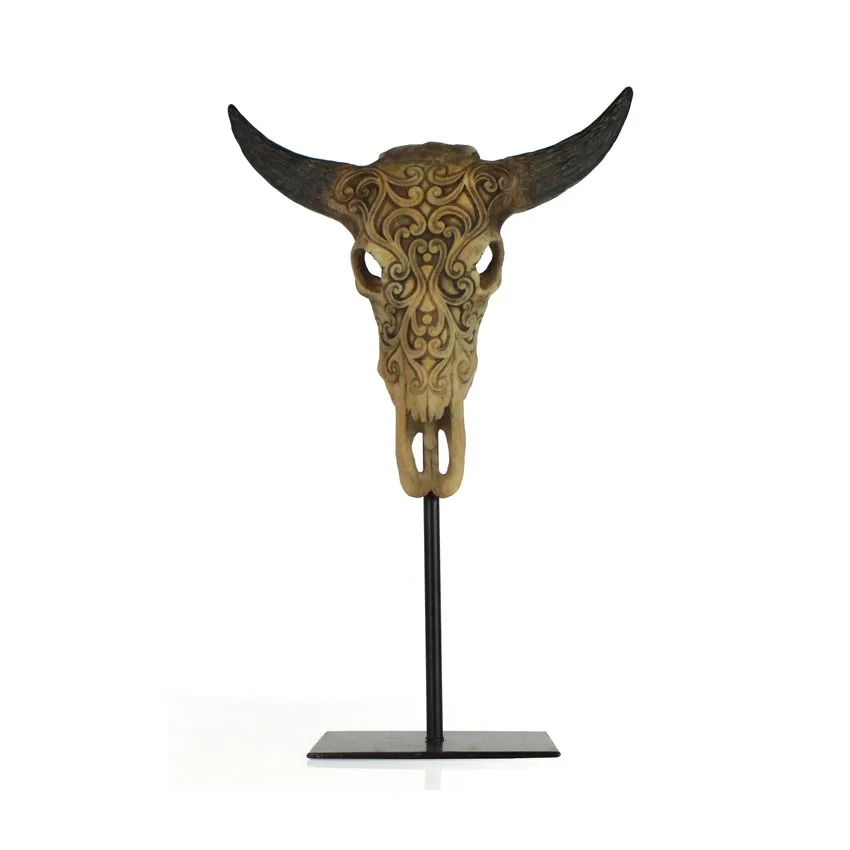 Resin crafts animal cow skull head statue on metal base ornaments desk decor details