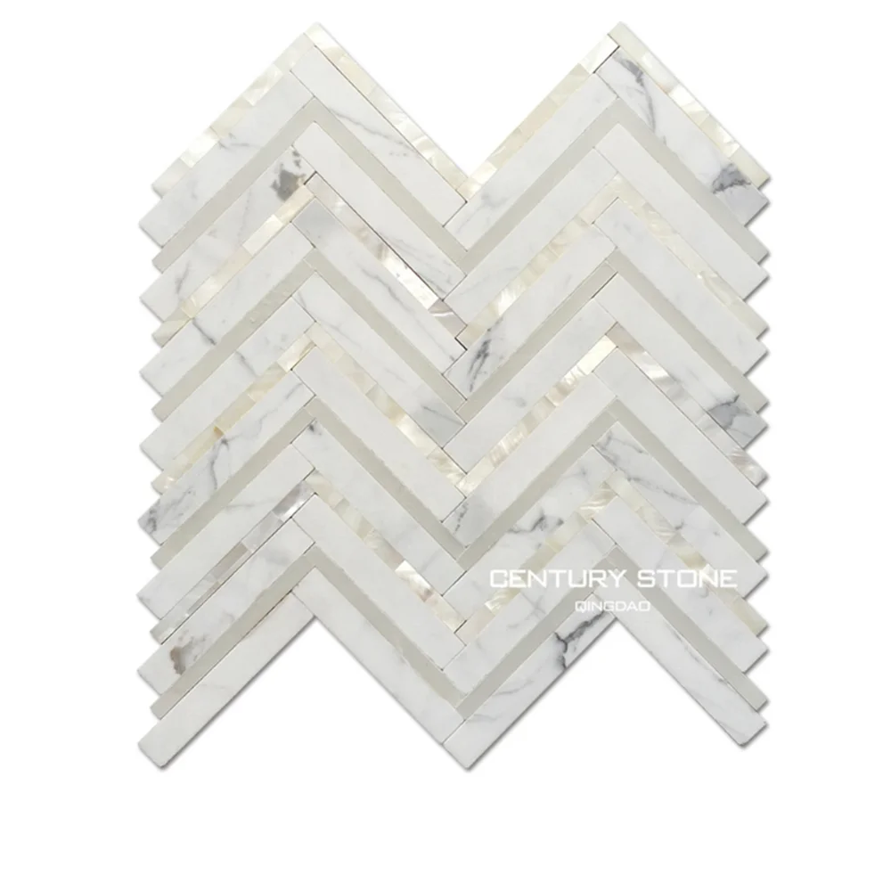 Calacatta Marble And Shell Herringbone Backsplash White Mosaic - Calacatta Marble And Shell Herringbone Backsplash White Mosaic