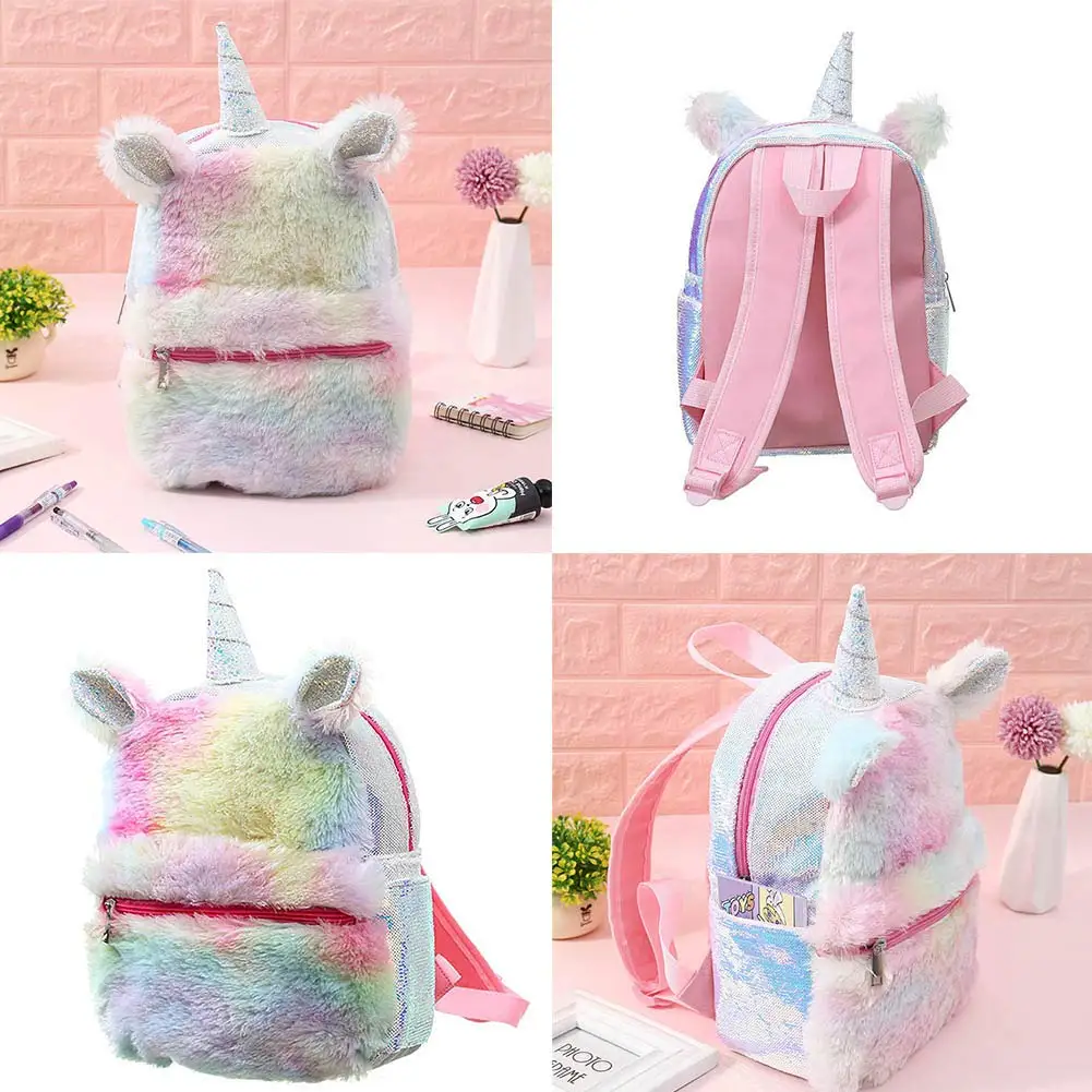 Unicorn Plush Backpack For Girls Kids,Pink Colorful Sequined Unicorn
