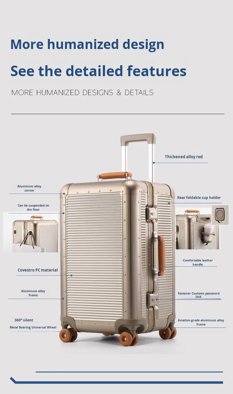 High-end New Design PC Aluminum Frame Suitcase Spinner Trolley Case 28 in Luggage Anti-drop Travel Case TSA Lock Leather Handle details