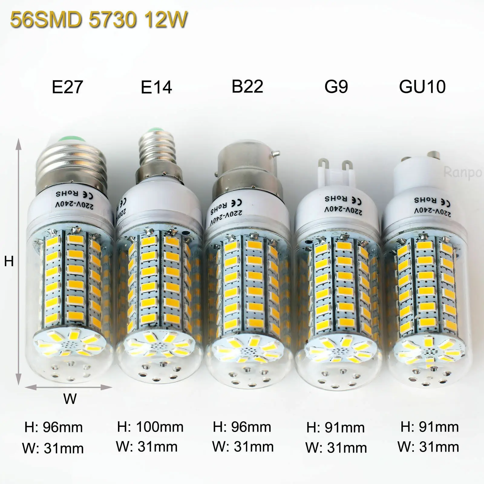 12W 56LEDs Corn Lamp Light Bulb E27 E14 B22 G9 GU10 5W 7W 9W 12W 15W 25W 28W 110V 220V 5730 SMD LED Corn Light Bulb