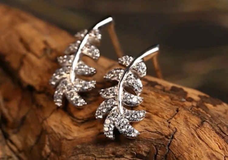 product-Rhodium-Plated Silver Earrings Feather-Shaped Cz Jewelry-BEYALY-img
