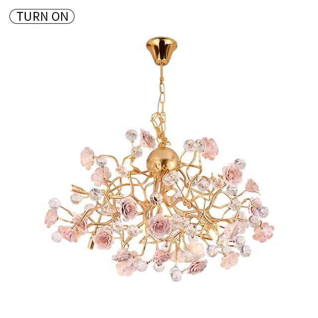 DIY Pink rose chandelier crystal ball pendant lamp for bedroom romantic led lighting for wedding site