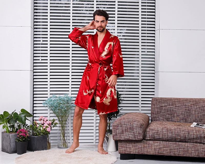 CBTLVSN Mens Loungewear Embroidery Dragon Long Sleeve Silk Mid Long Bathrobe 