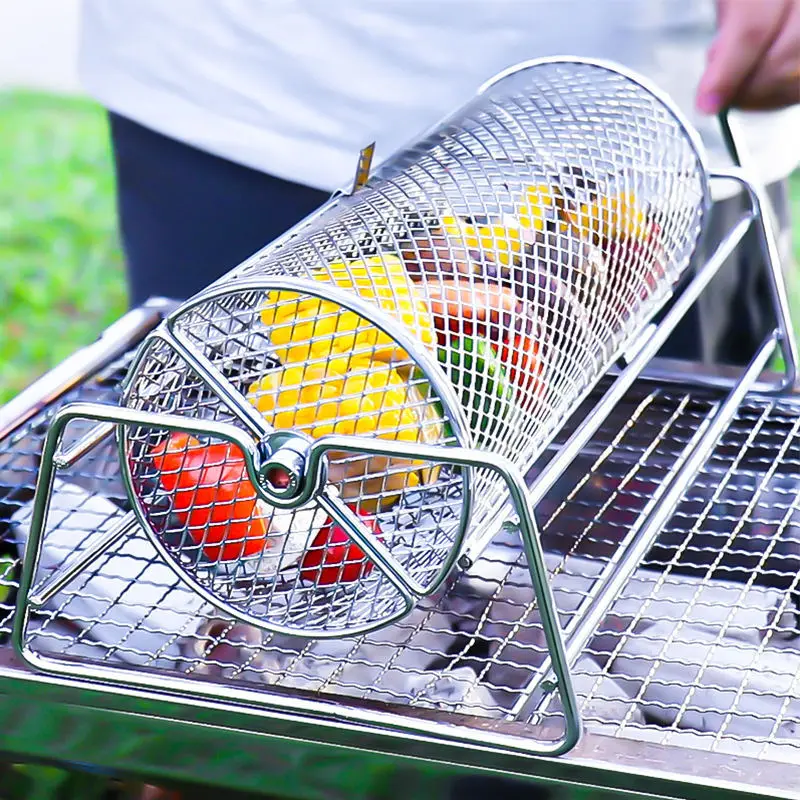 Factory Direct Sales Stainless Steel Round Rolling Grill Basket Multi-Function Reusable Portable Durable Cross-Border BBQ Tool factory