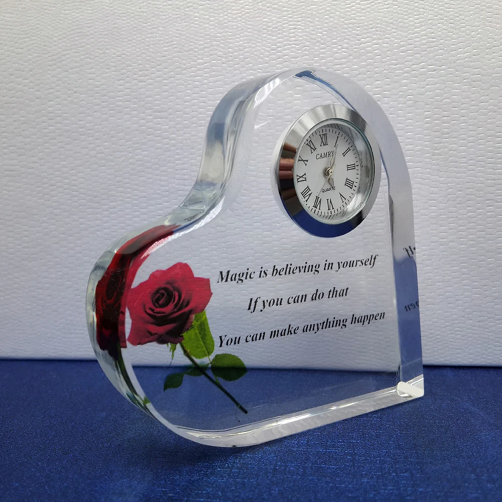 Unique Personality Engraving Heart Shape Crystal Table Clock Wedding