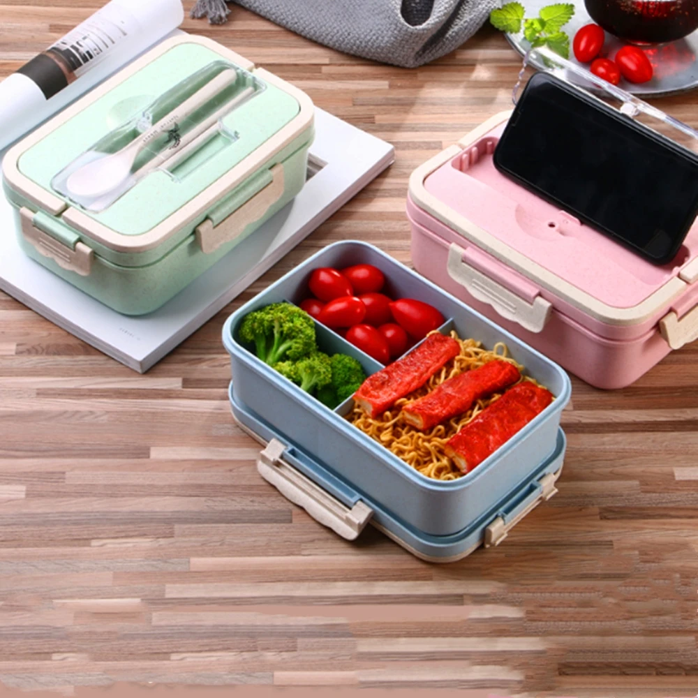 午餐便当盒, 防漏小麦秸秆微波便携式儿童 3 合 1 隔间餐具野餐食品