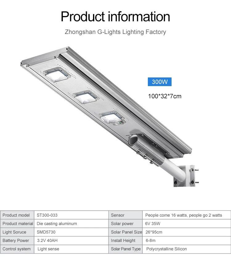 High performance outdoor waterproof ip65 300watt all in one aluminum solar led streetlight