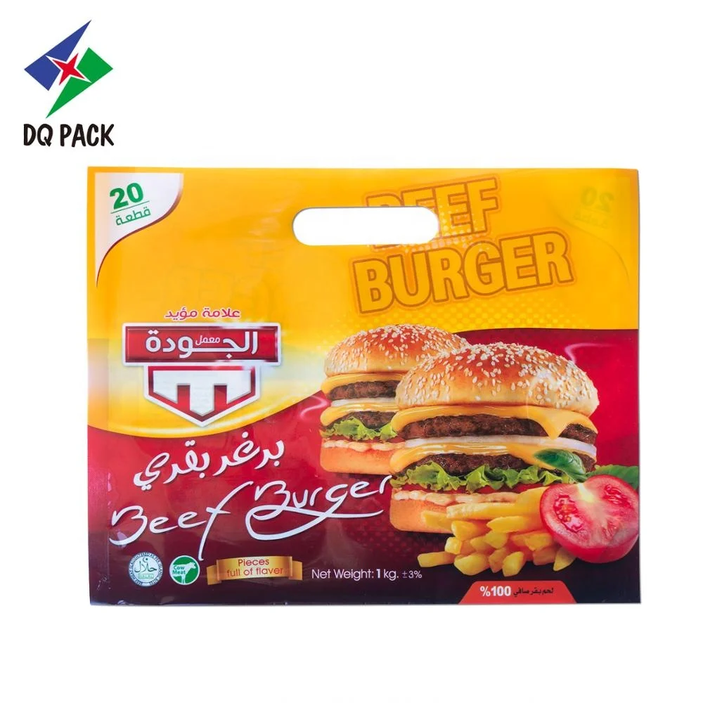 Customized printing food packaging hamburger three side sealing bag with handle