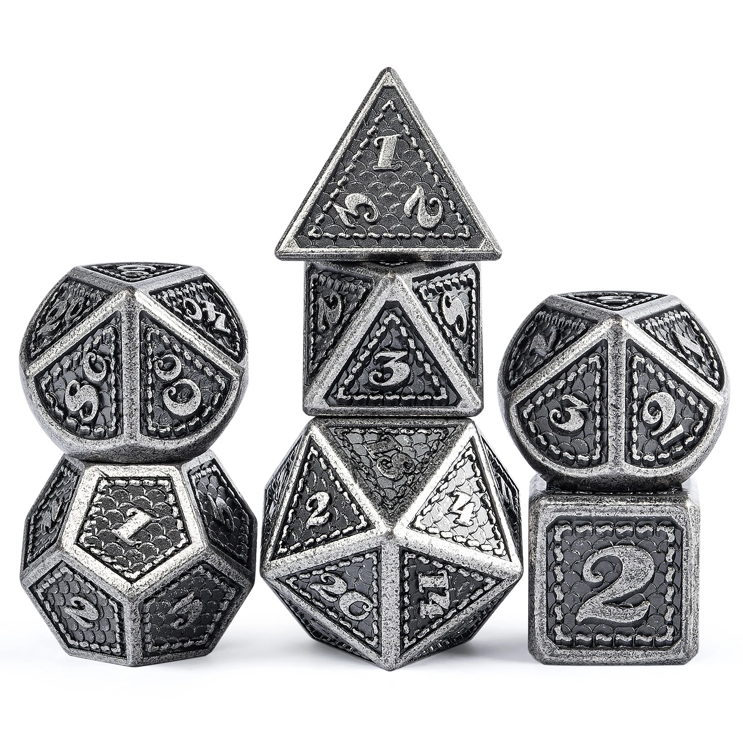 Factory Wholesale Ancient Silver Edge 7 Pieces Polyhedral Metallic Die