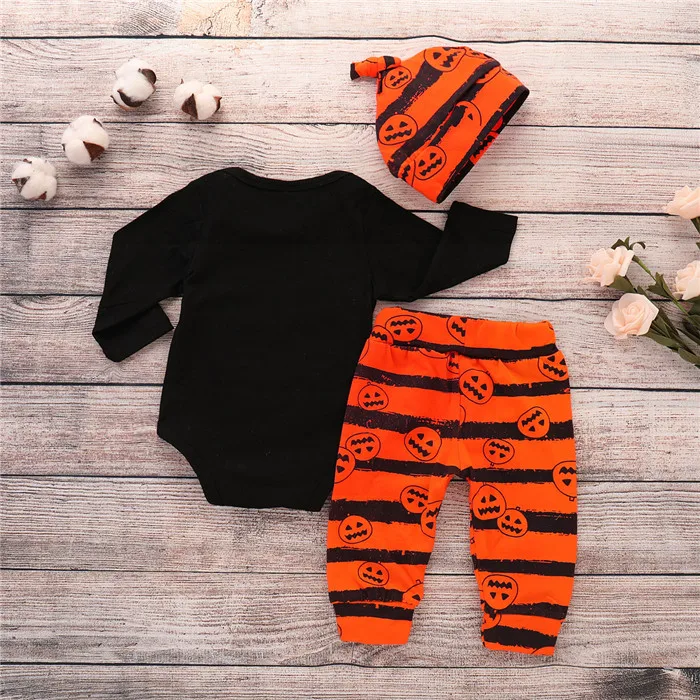 3PCS Baby Boys' Outfit Set Halloween Pumpkin Costume Long Sleeve Romper
