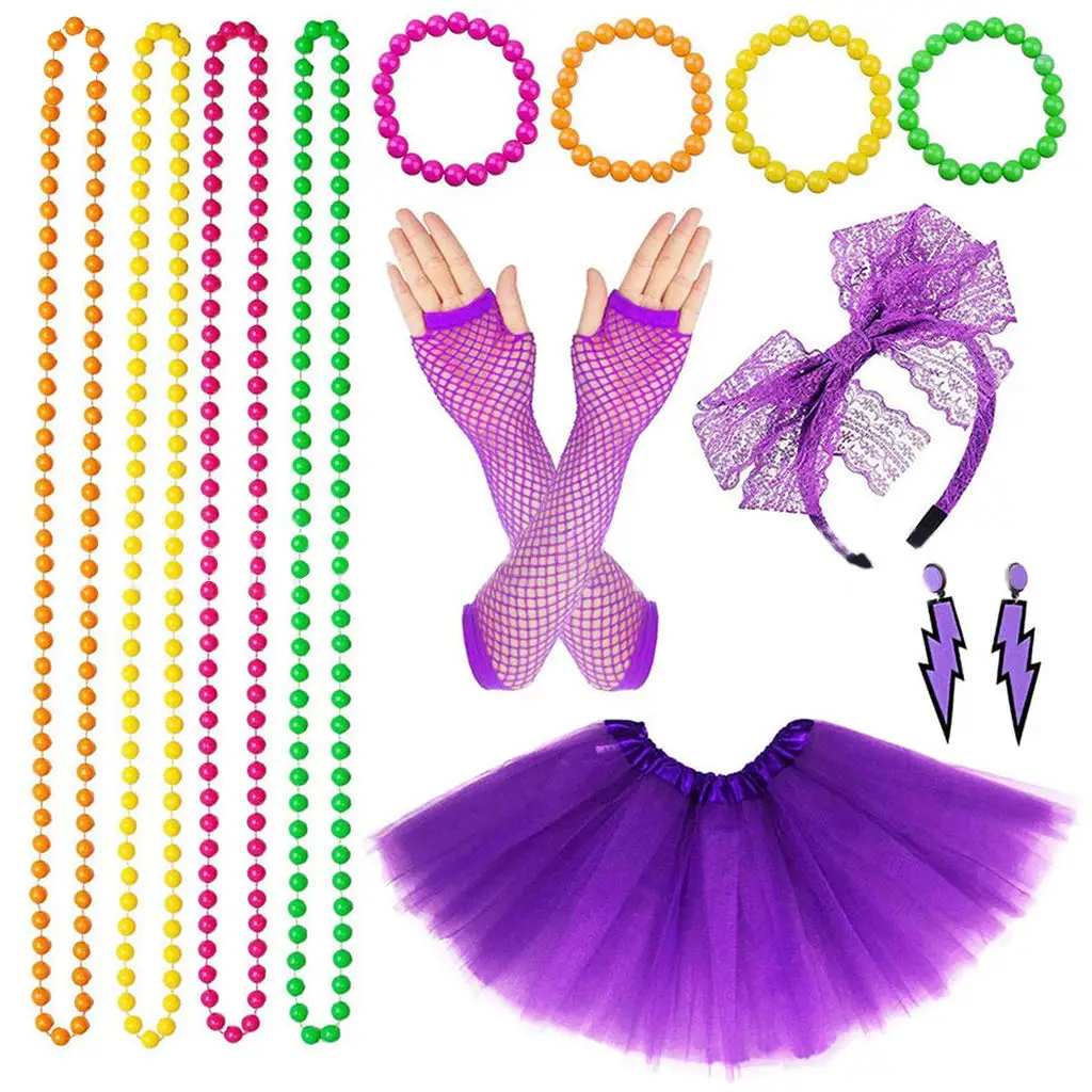 Neon 80S Accessories Leg Warmers Fishnet Gloves Beads Hen Party Fancy Dress RE 